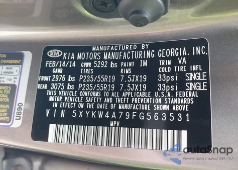 2015 Kia Sorento Sx V6 из США, поврежденный, VIN 5XYKW4A79FG563531